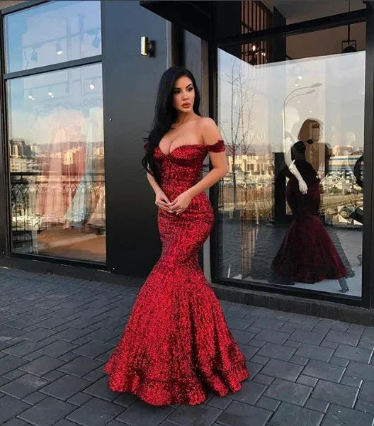 Burgundy Long Mermaid Off the Shoulder Sequins Formal Prom Dress - Image 3