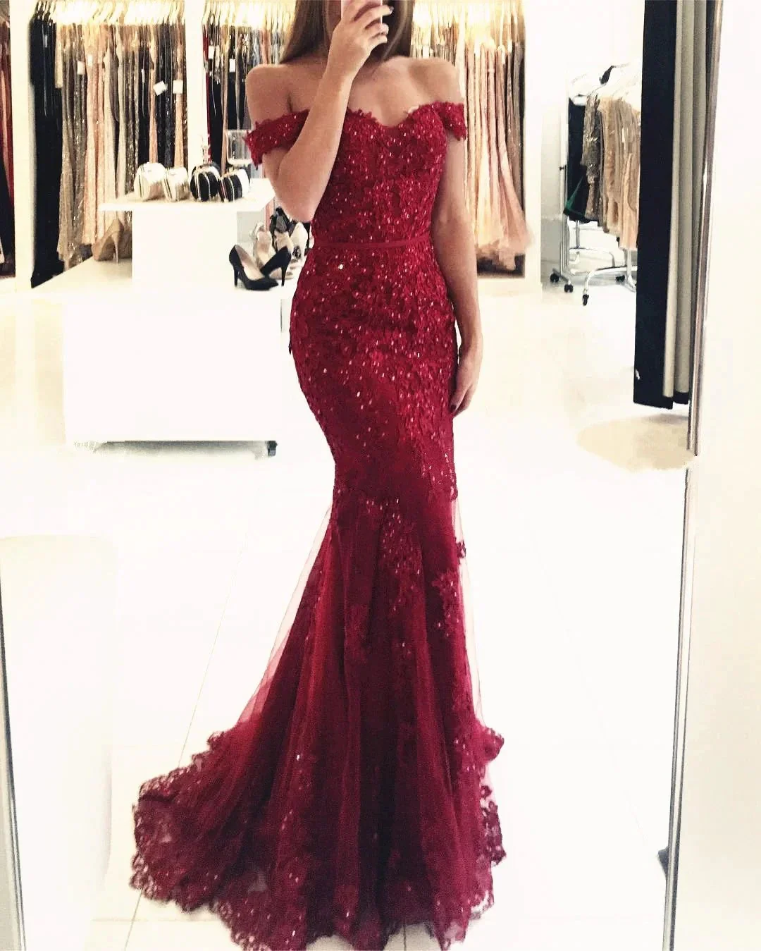 Burgundy Long Mermaid Off the Shoulder Tulle Beaded Lace Prom Dresses - Image 2