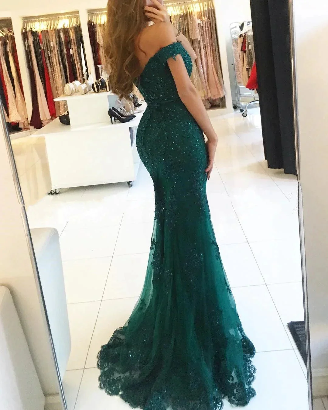Burgundy Long Mermaid Off the Shoulder Tulle Beaded Lace Prom Dresses - Image 3