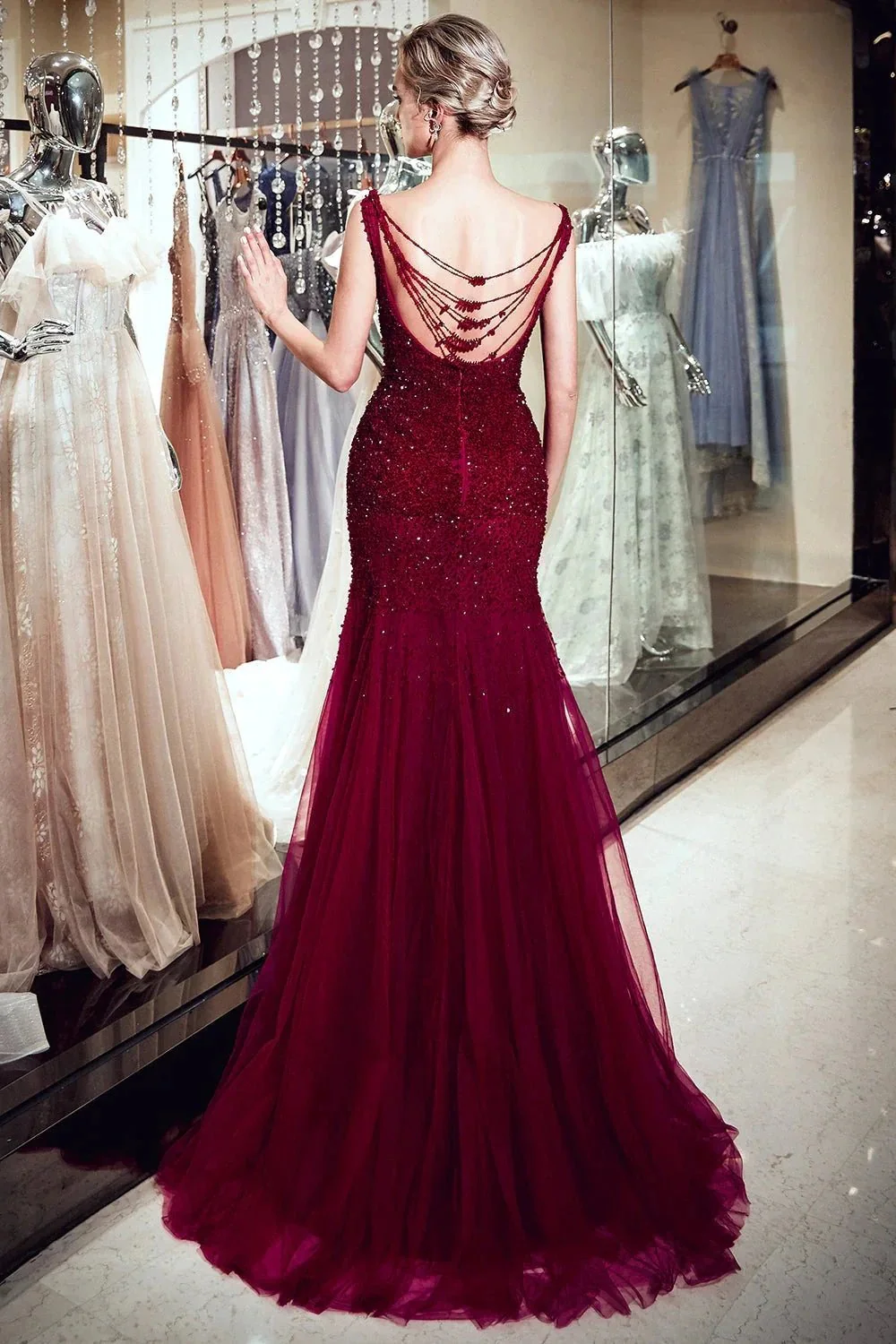 Burgundy Long Mermaid Tulle Sequined Evening Dresses - Image 2