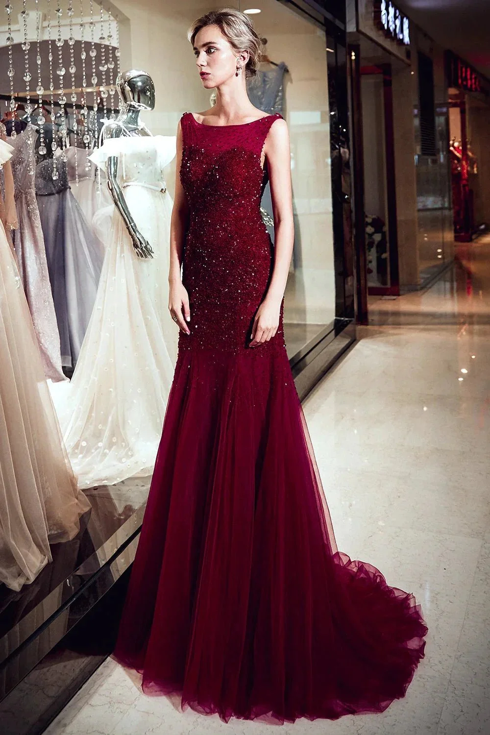 Burgundy Long Mermaid Tulle Sequined Evening Dresses - Image 3