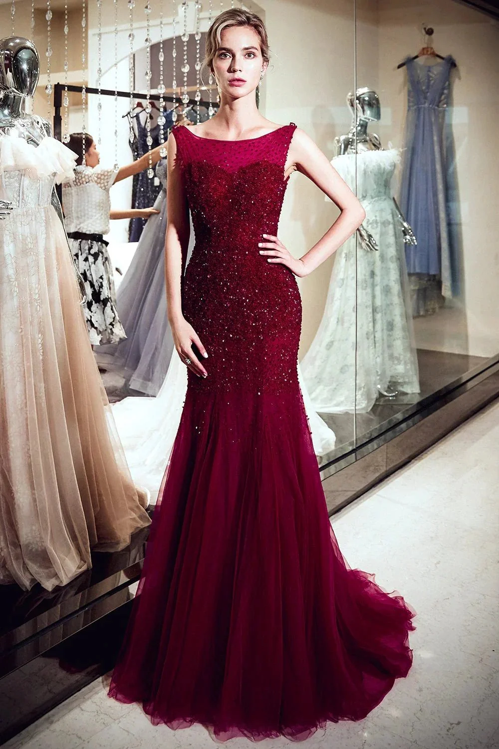 Burgundy Long Mermaid Tulle Sequined Evening Dresses - Image 4
