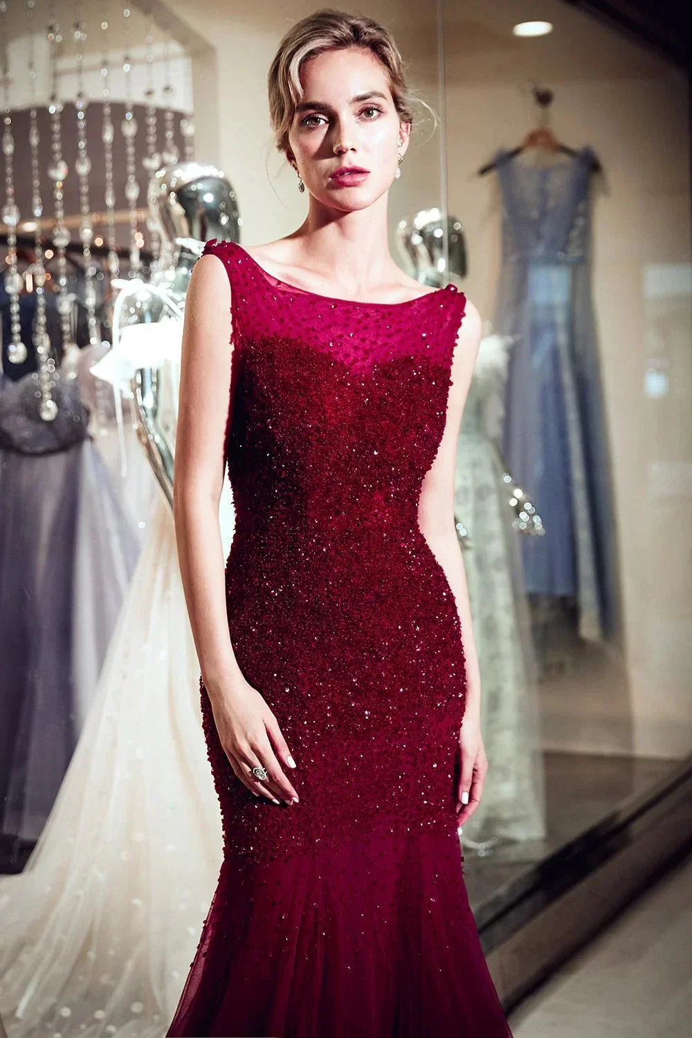 Burgundy Long Mermaid Tulle Sequined Evening Dresses - Image 6