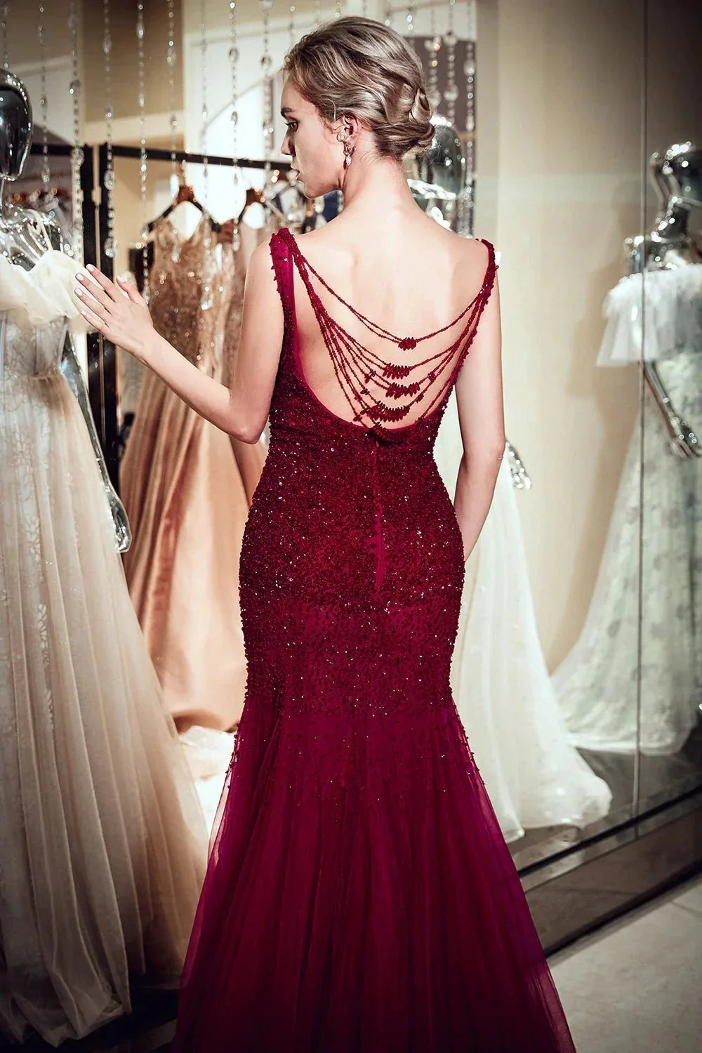 Burgundy Long Mermaid Tulle Sequined Evening Dresses - Image 7