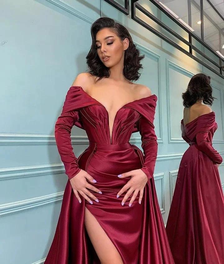 Burgundy Long Sleeve Mermaid Off-the-shoulder Prom Dress with Slit - Image 2