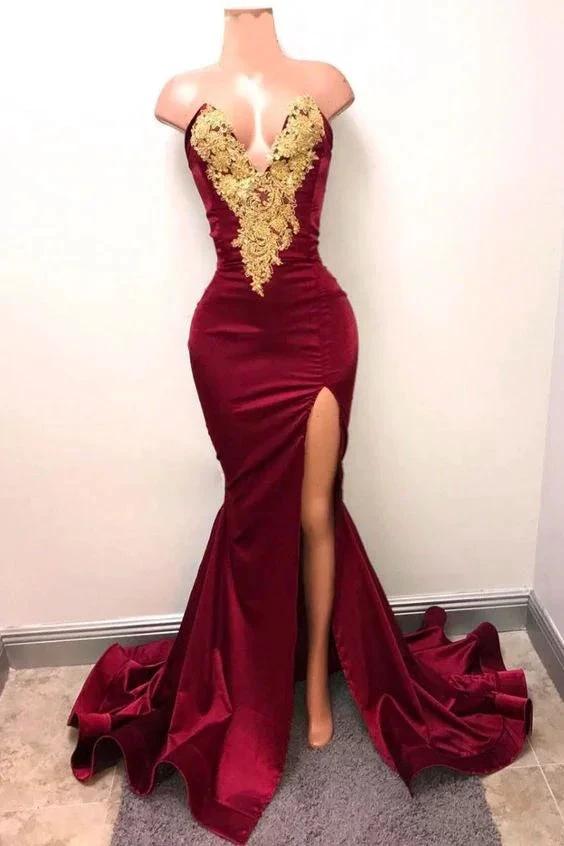 Burgundy Mermaid Golden Lace Prom Dress,Long Burgundy Evening Dress,Sexy Prom Gowns Y552 - Image 2