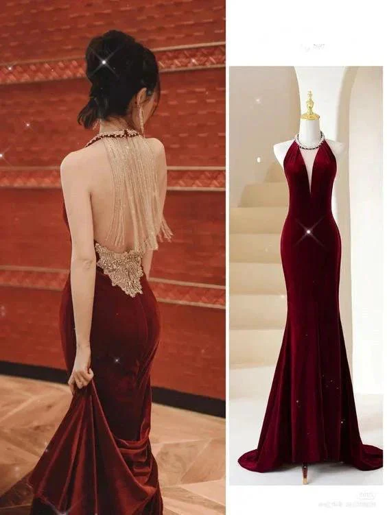 Burgundy Mermaid Long Prom Dress Chic Burgundy Evening Dress With Back Tassel  Y383 - Image 2