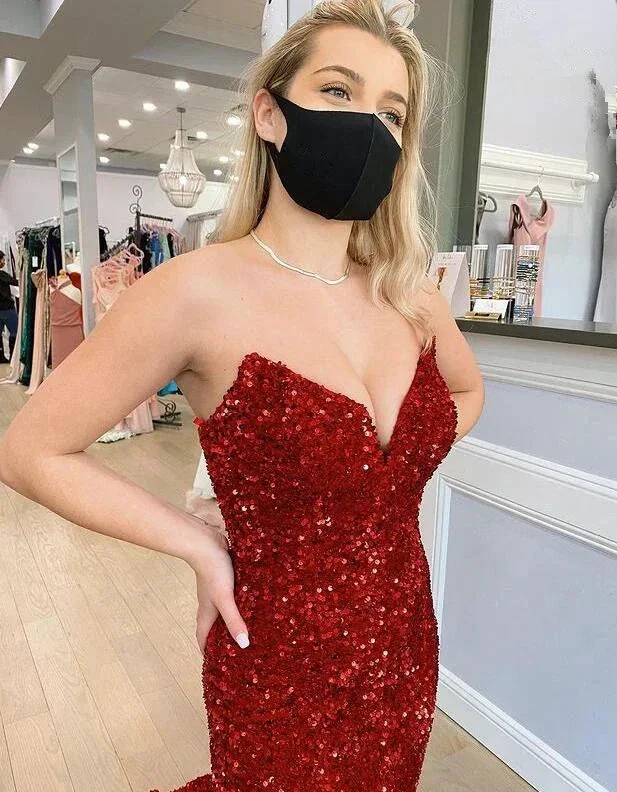 Burgundy Mermaid Strapless Sequins Long Evening Dresses Y1220 - Image 2