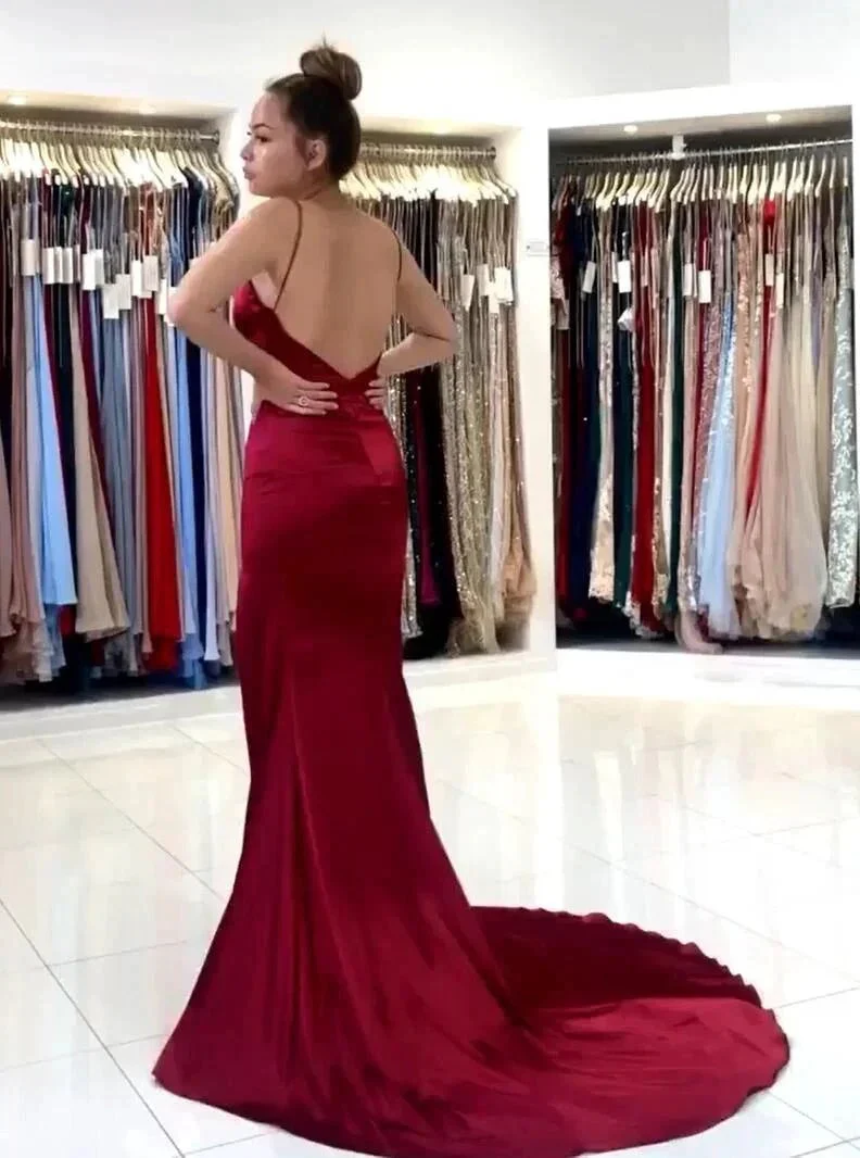 Burgundy Mermaid V-neck Backless Long Prom Dress With Slit - Image 3