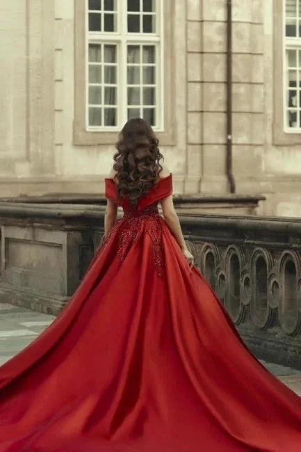Burgundy Off-the-shoulder A-Line Satin Wedding Dresses Bridal Gowns With Lace - Image 2