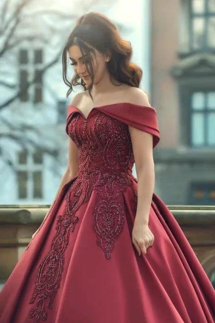 Burgundy Off-the-shoulder A-Line Satin Wedding Dresses Bridal Gowns With Lace - Image 3
