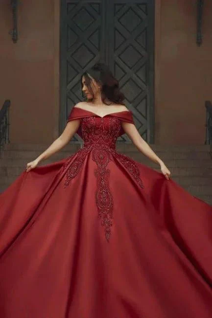 Burgundy Off-the-shoulder A-Line Satin Wedding Dresses Bridal Gowns With Lace - Image 4