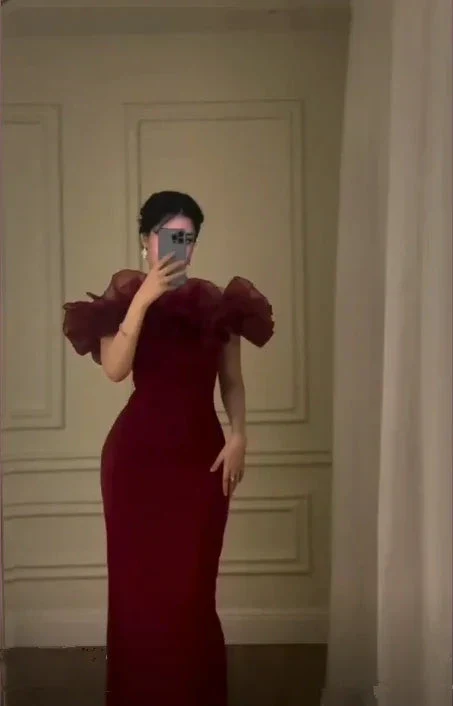 Burgundy Off The Shoulder Evening Dress Sheath Long Party Prom Dress Y7670 - Image 3