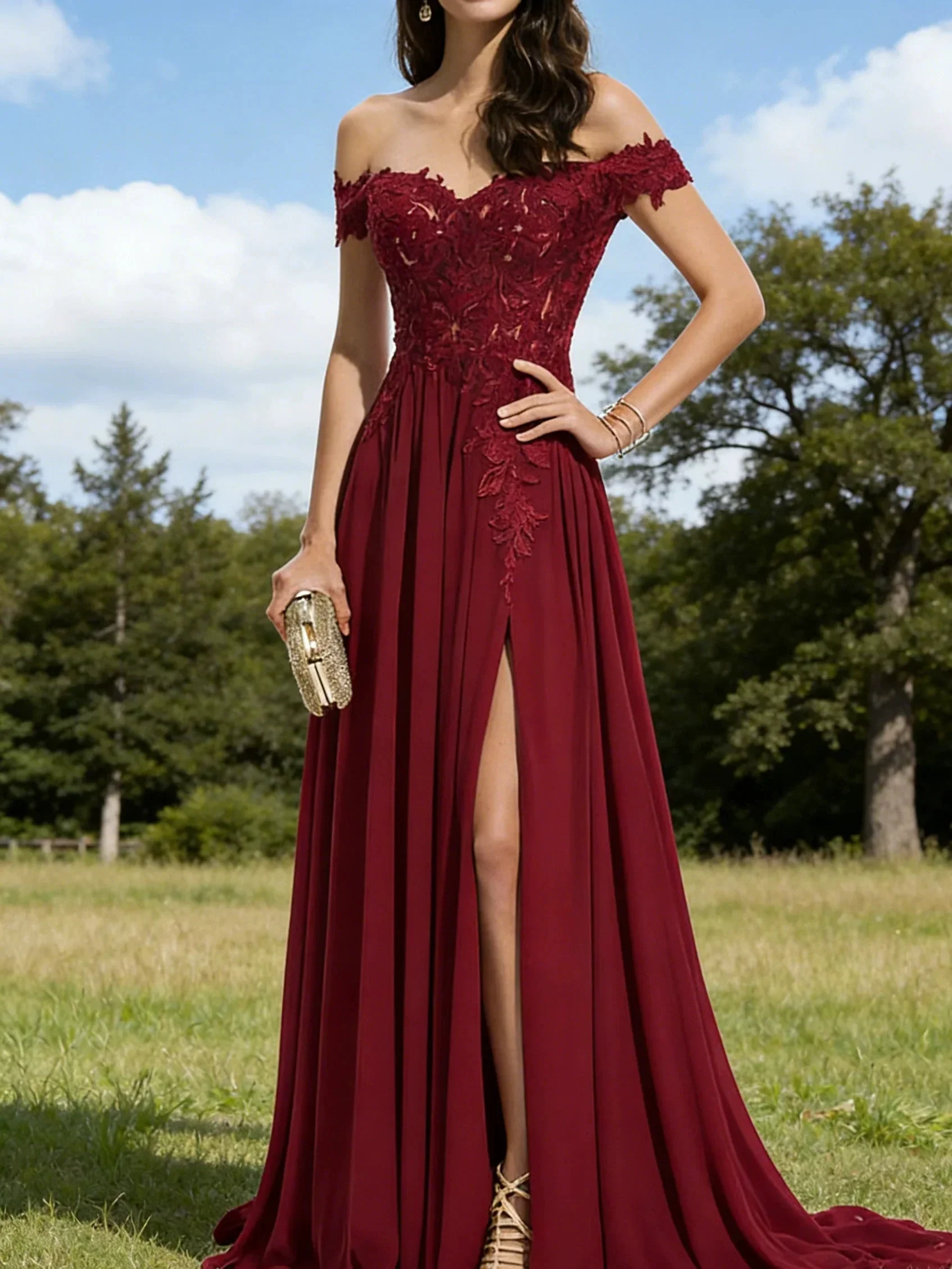 Burgundy Off-the-Shoulder Lace Evening Gown with Train - Image 2