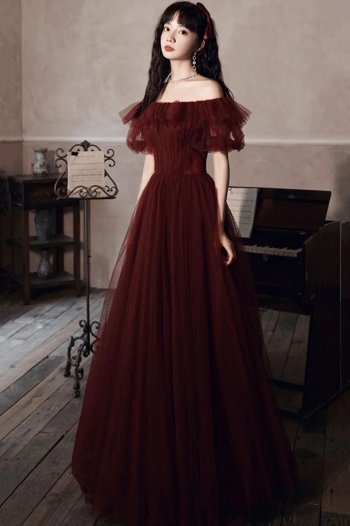 Burgundy Off The Shoulder Tulle Line Prom Dress Evening Dress Y8351 - Image 2