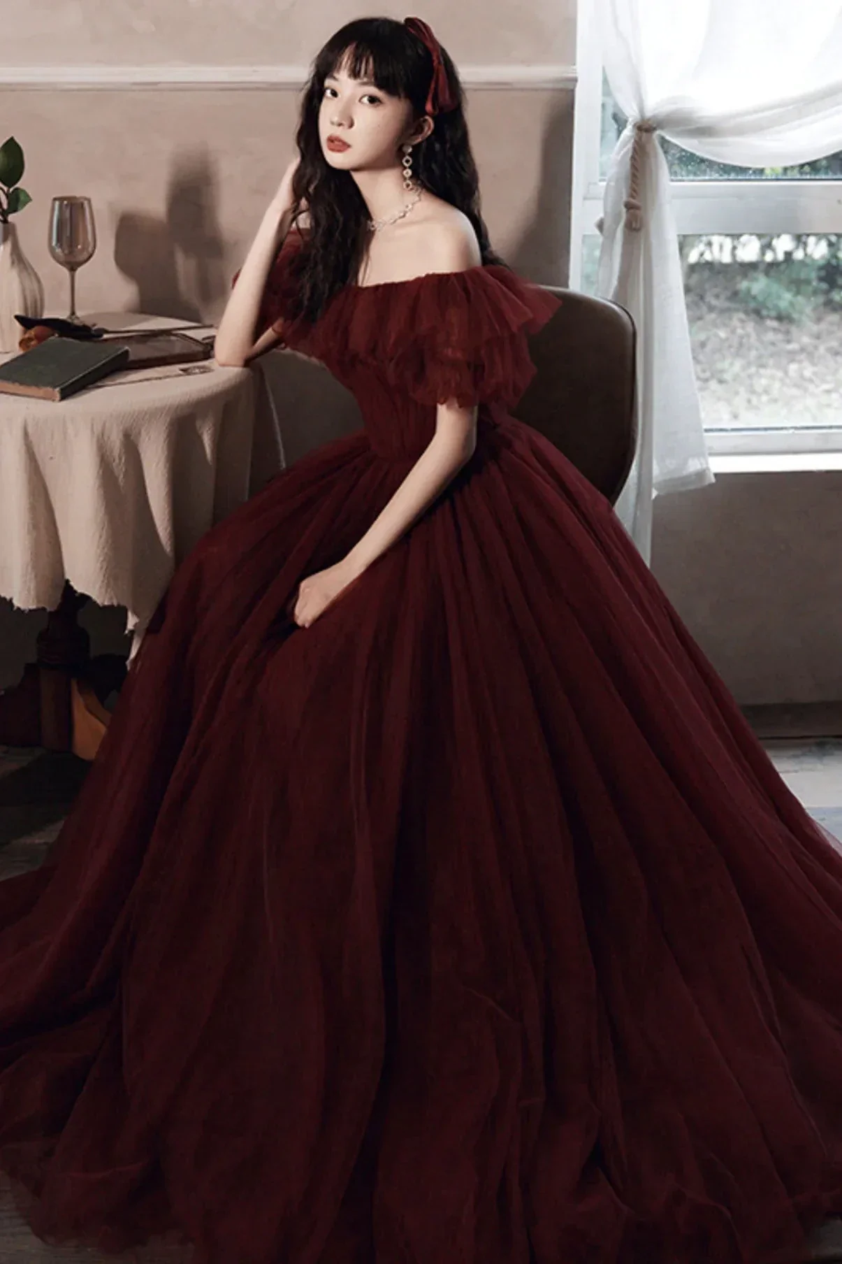 Burgundy Off The Shoulder Tulle Line Prom Dress Evening Dress Y8351 - Image 3