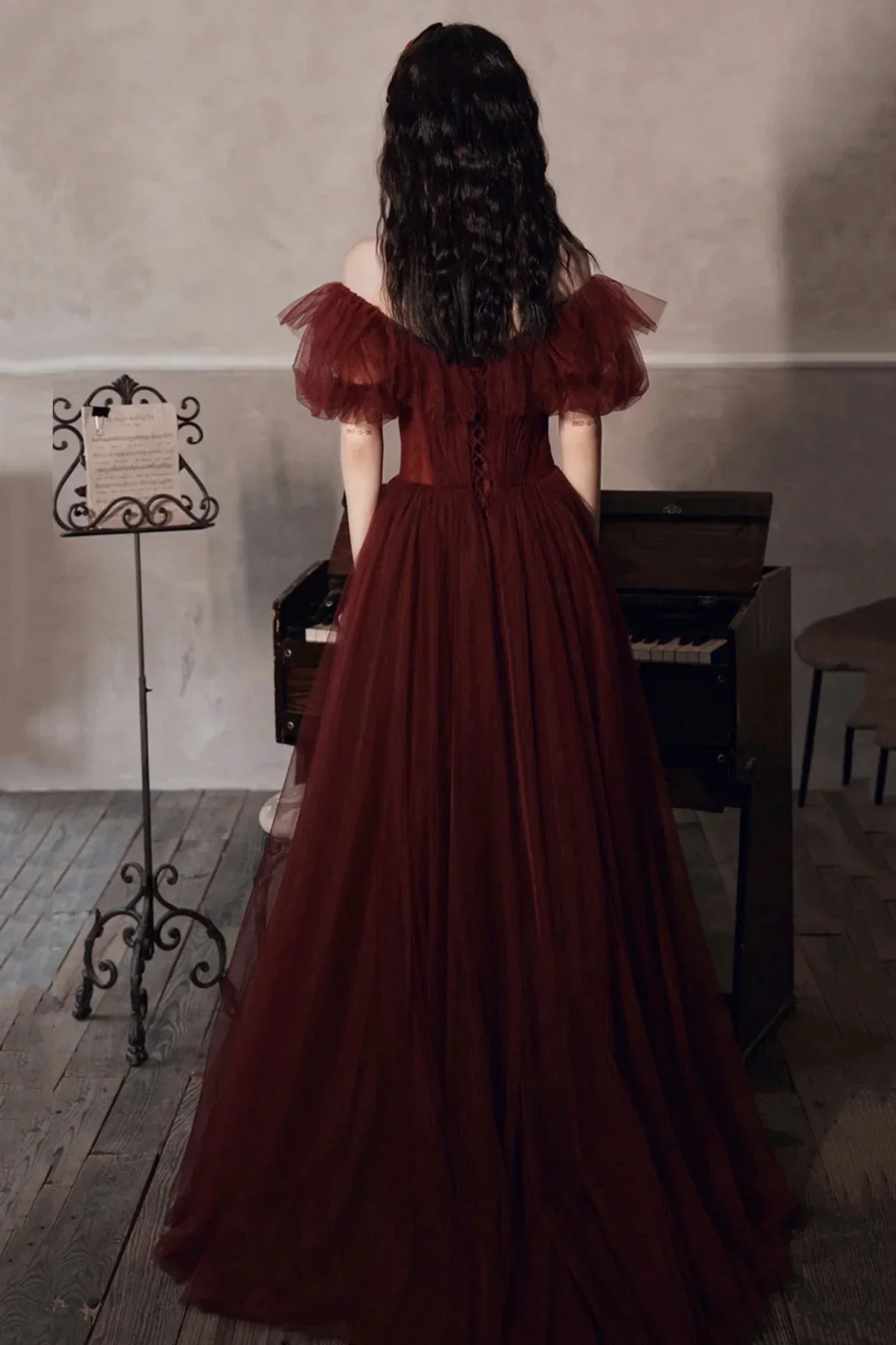 Burgundy Off The Shoulder Tulle Line Prom Dress Evening Dress Y8351 - Image 4