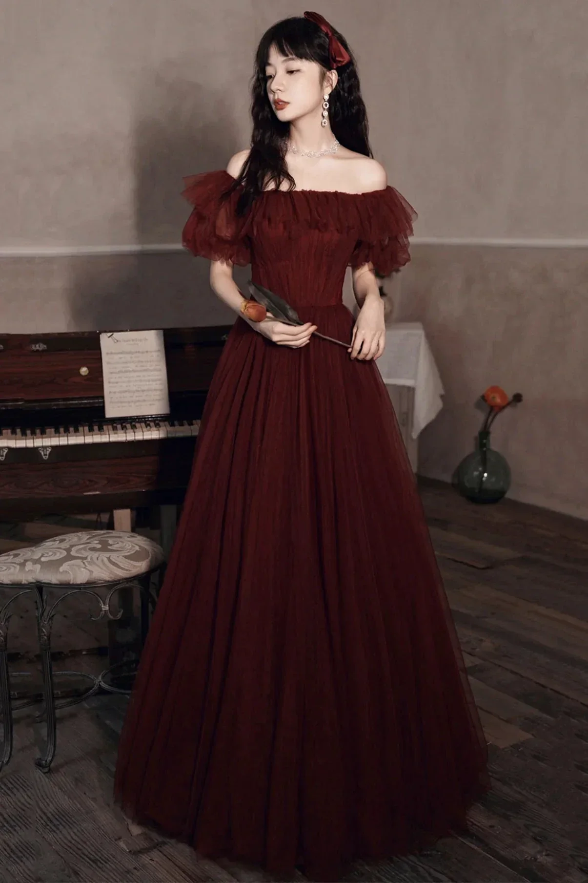 Burgundy Off The Shoulder Tulle Line Prom Dress Evening Dress Y8351 - Image 5