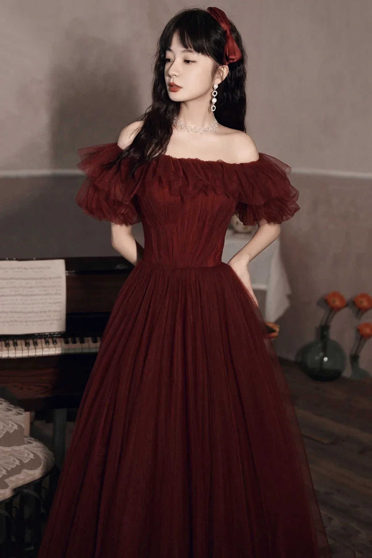 Burgundy Off The Shoulder Tulle Line Prom Dress Evening Dress Y8351 - Image 6