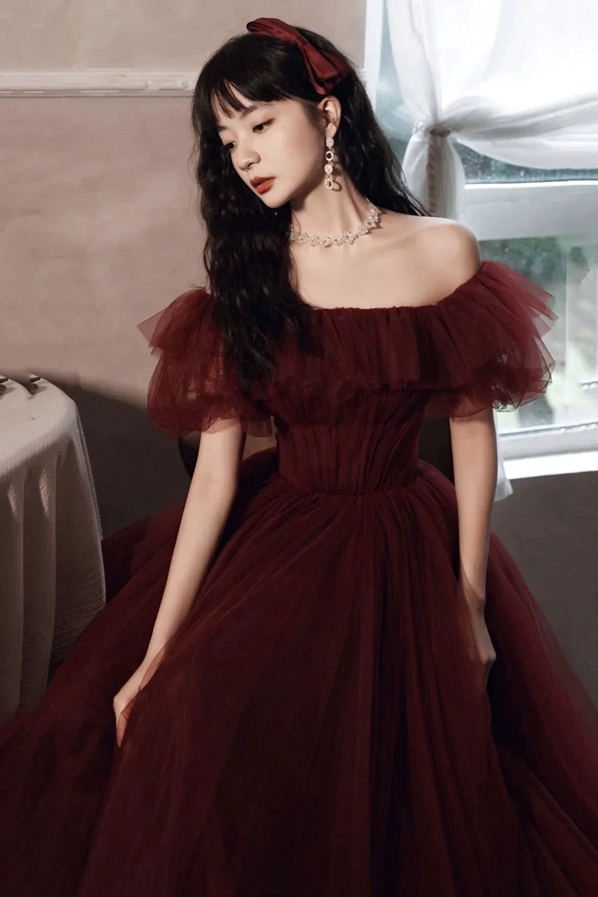 Burgundy Off The Shoulder Tulle Line Prom Dress Evening Dress Y8351 - Image 7