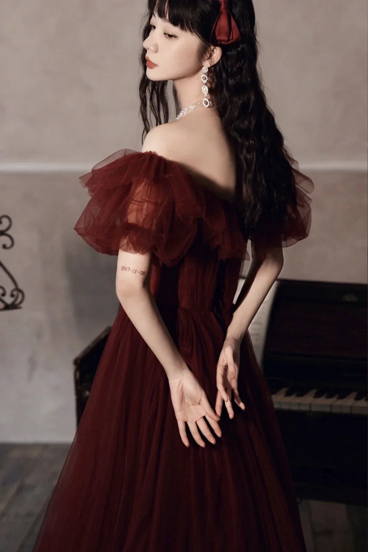 Burgundy Off The Shoulder Tulle Line Prom Dress Evening Dress Y8351 - Image 8