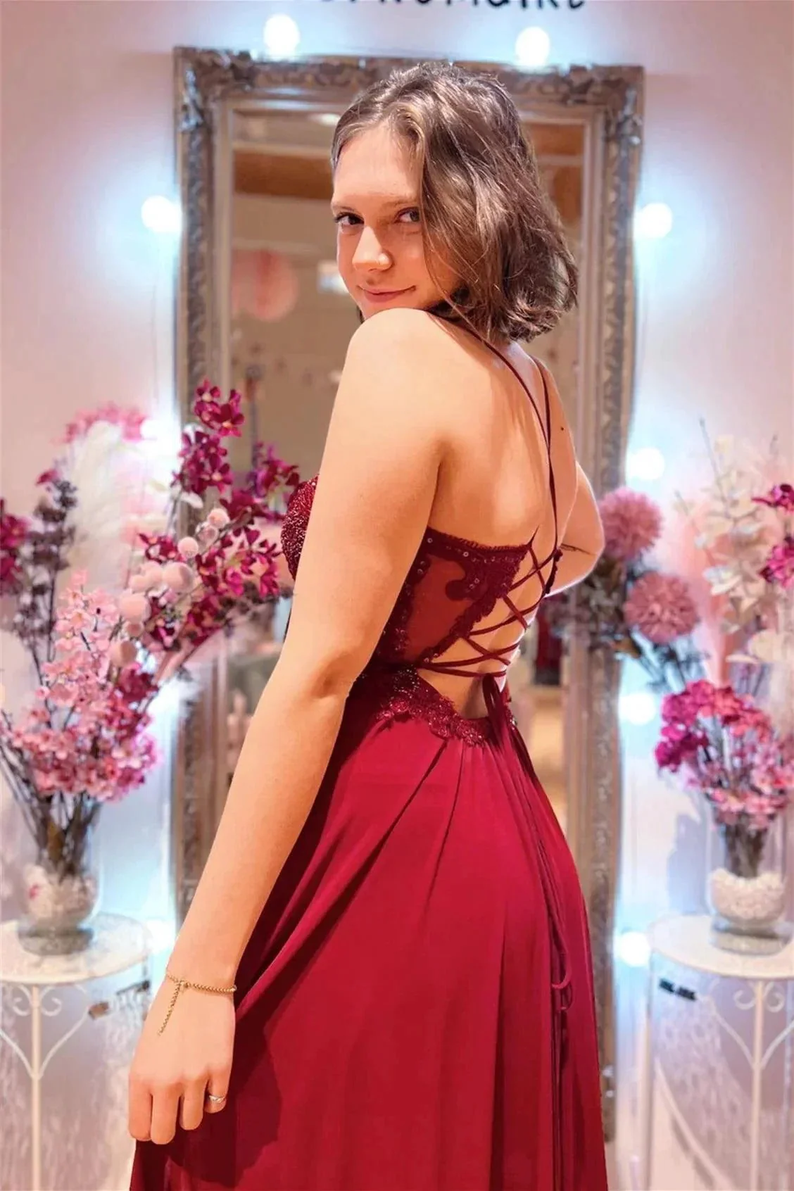 Burgundy Plunging V Neck Beaded Appliques Long Prom Dress with Slit PSK414 - Image 2