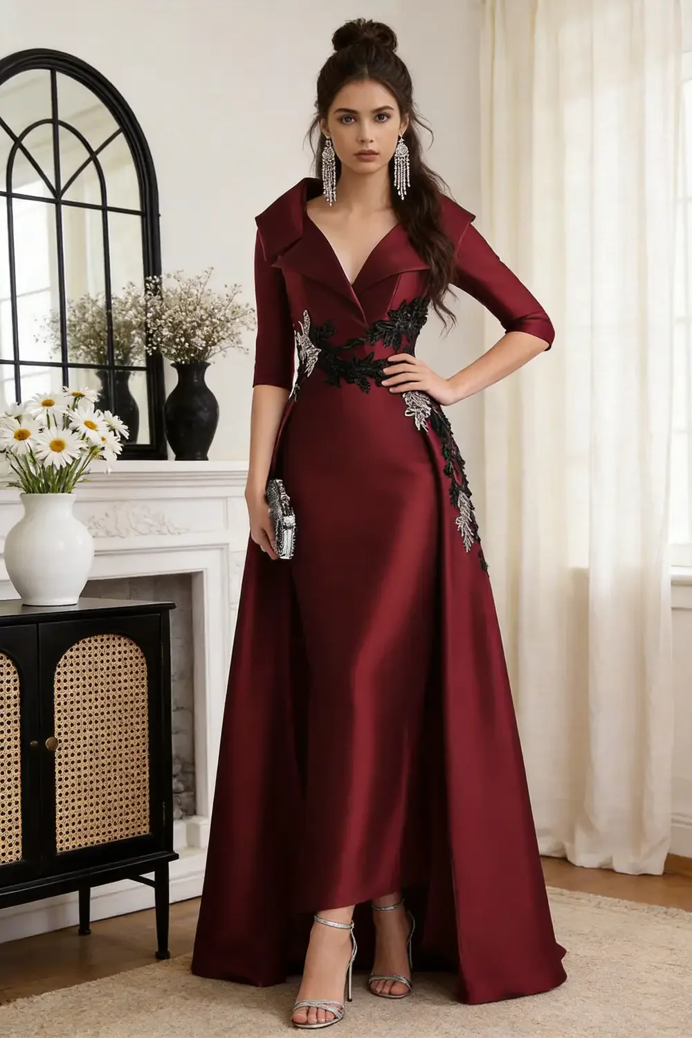Burgundy Satin Mermaid Evening Gown With Floral Embroidered Lace Overskirt - Image 2