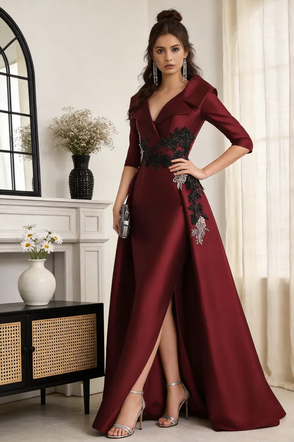 Burgundy Satin Mermaid Evening Gown With Floral Embroidered Lace Overskirt - Image 4