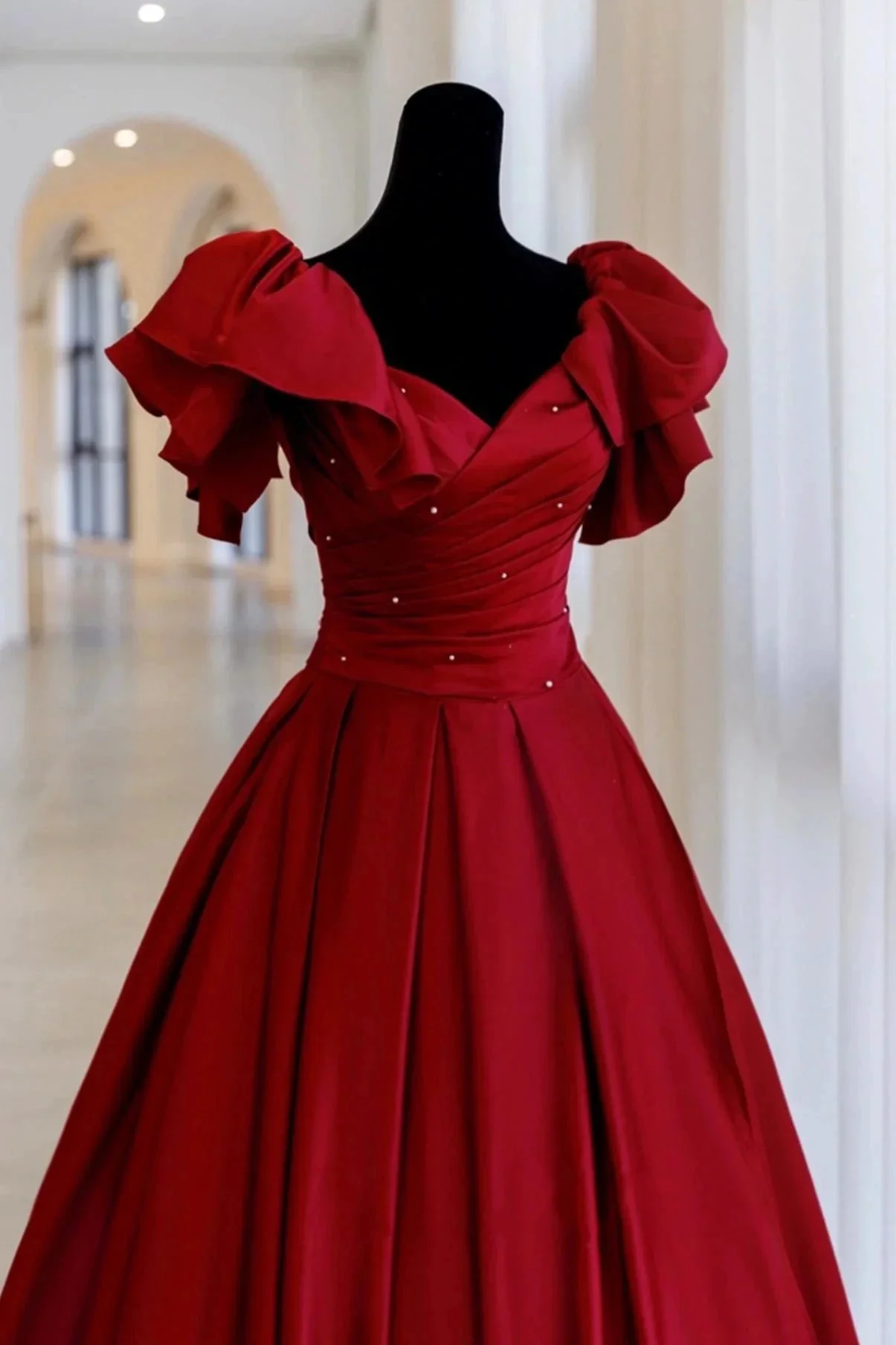 Burgundy satin long A line prom dress evening dress Y518 - Image 2