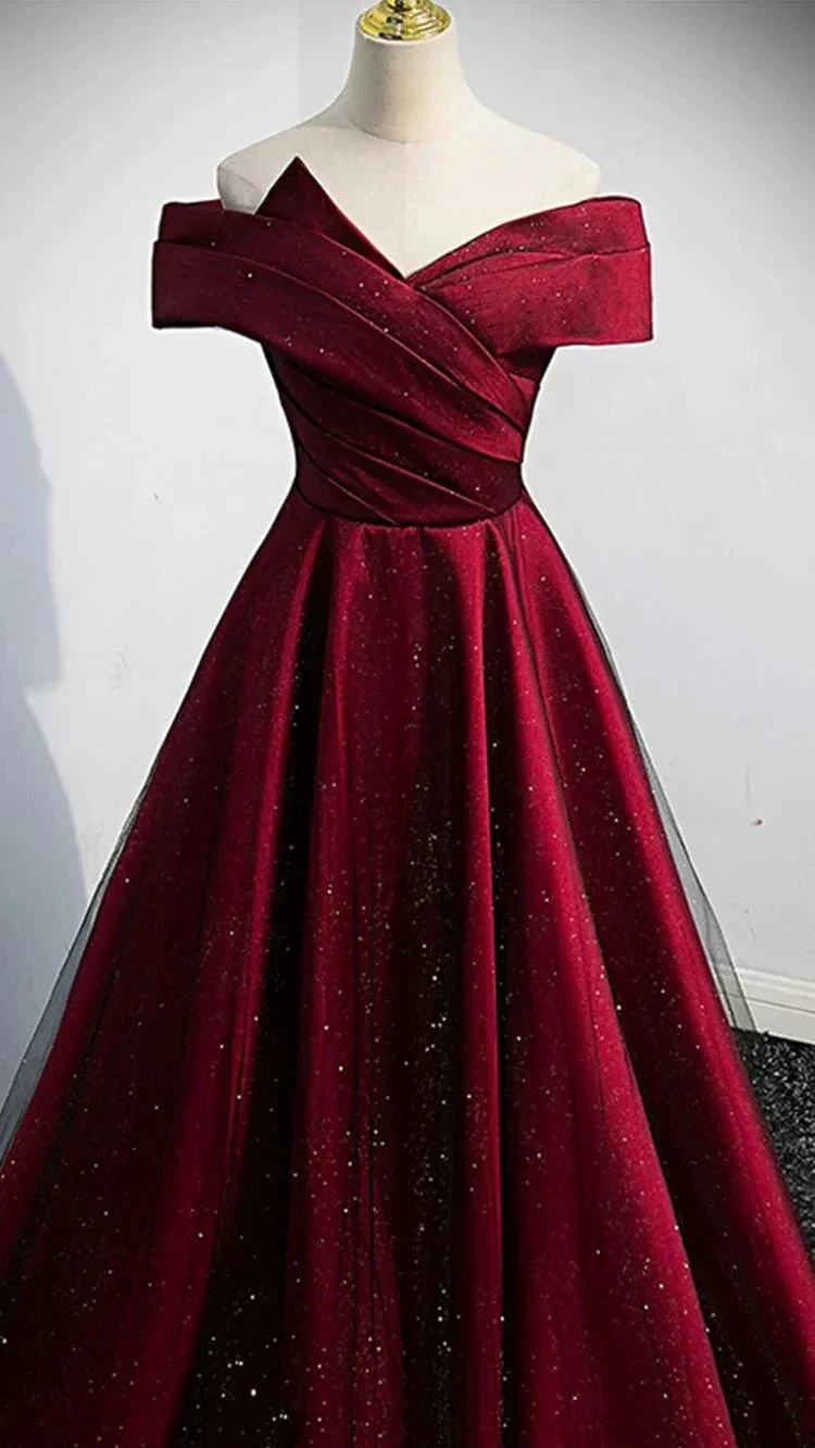 Burgundy satin long A line prom dress evening dress Y767 - Image 2