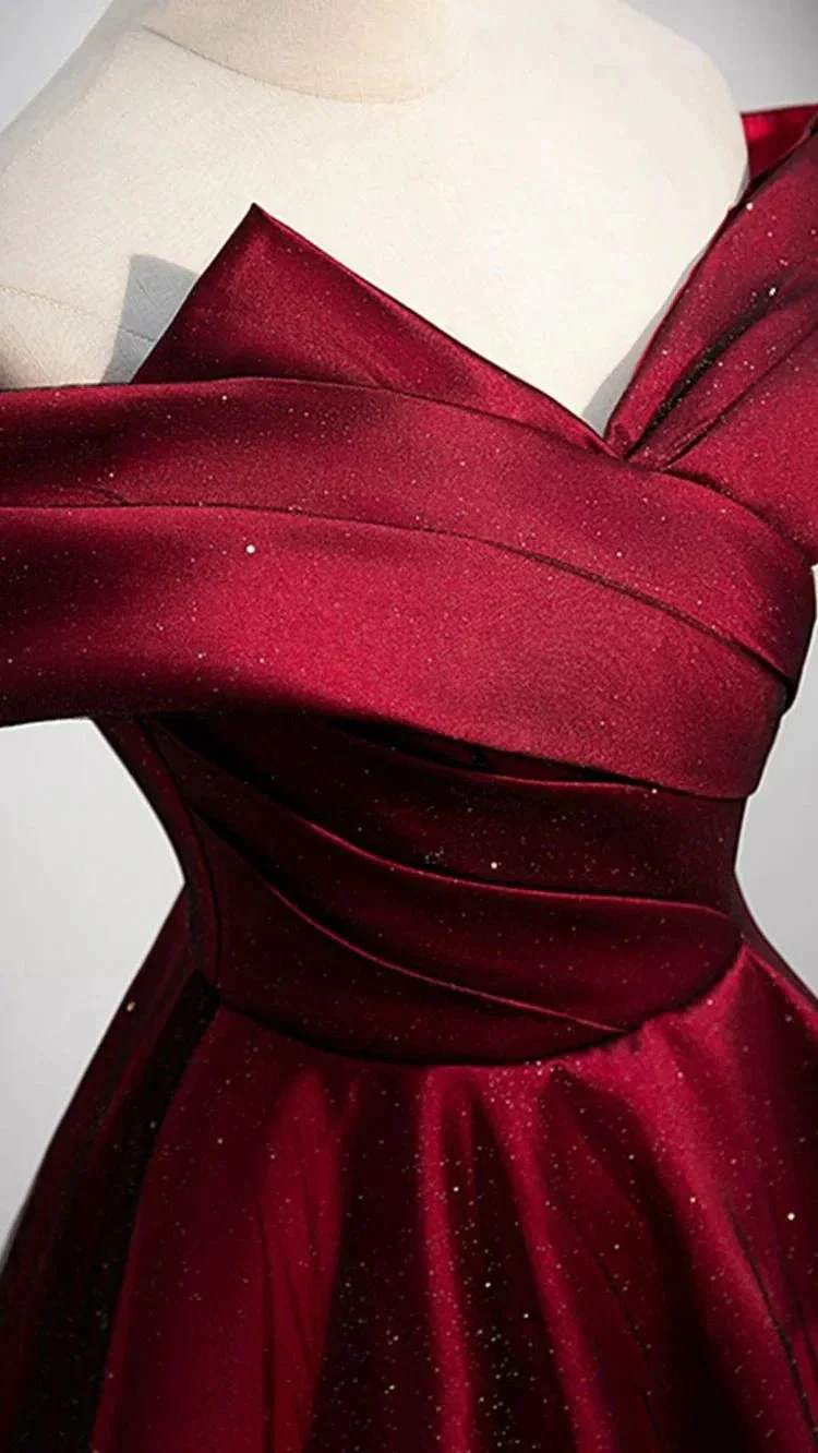 Burgundy satin long A line prom dress evening dress Y767 - Image 4