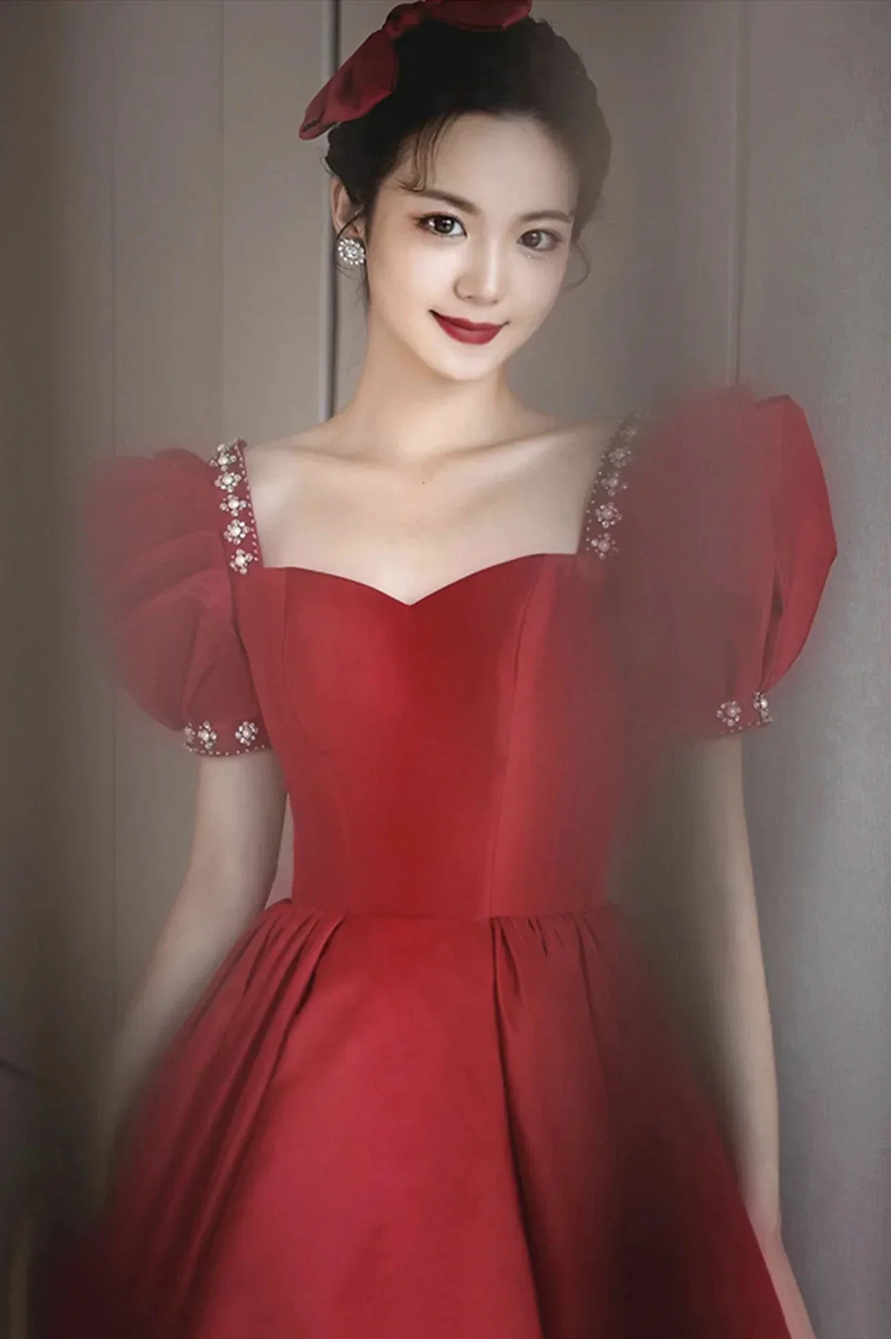 Burgundy satin long prom dress A line evening dress Y1169 - Image 2