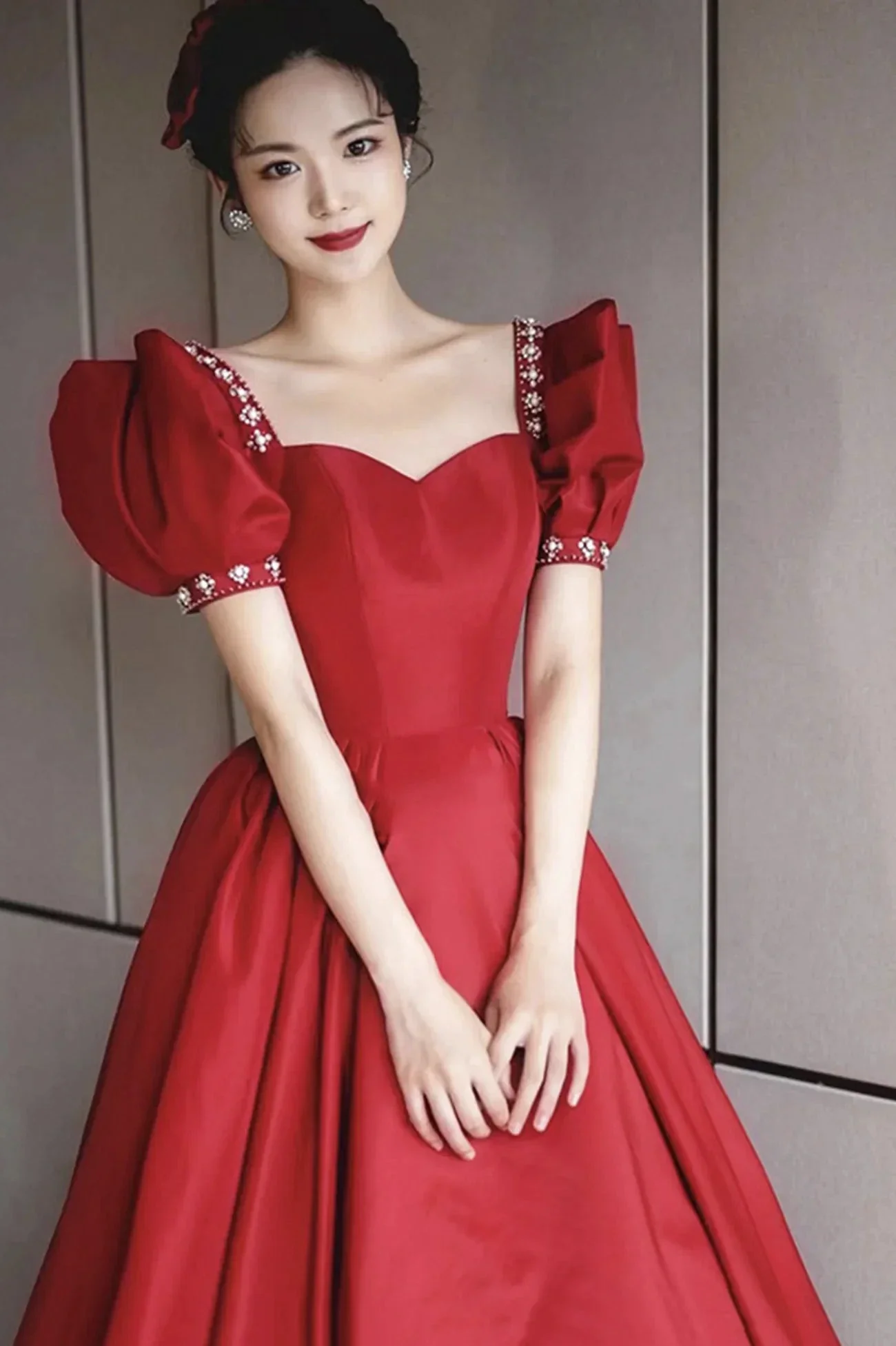 Burgundy satin long prom dress A line evening dress Y1169 - Image 3