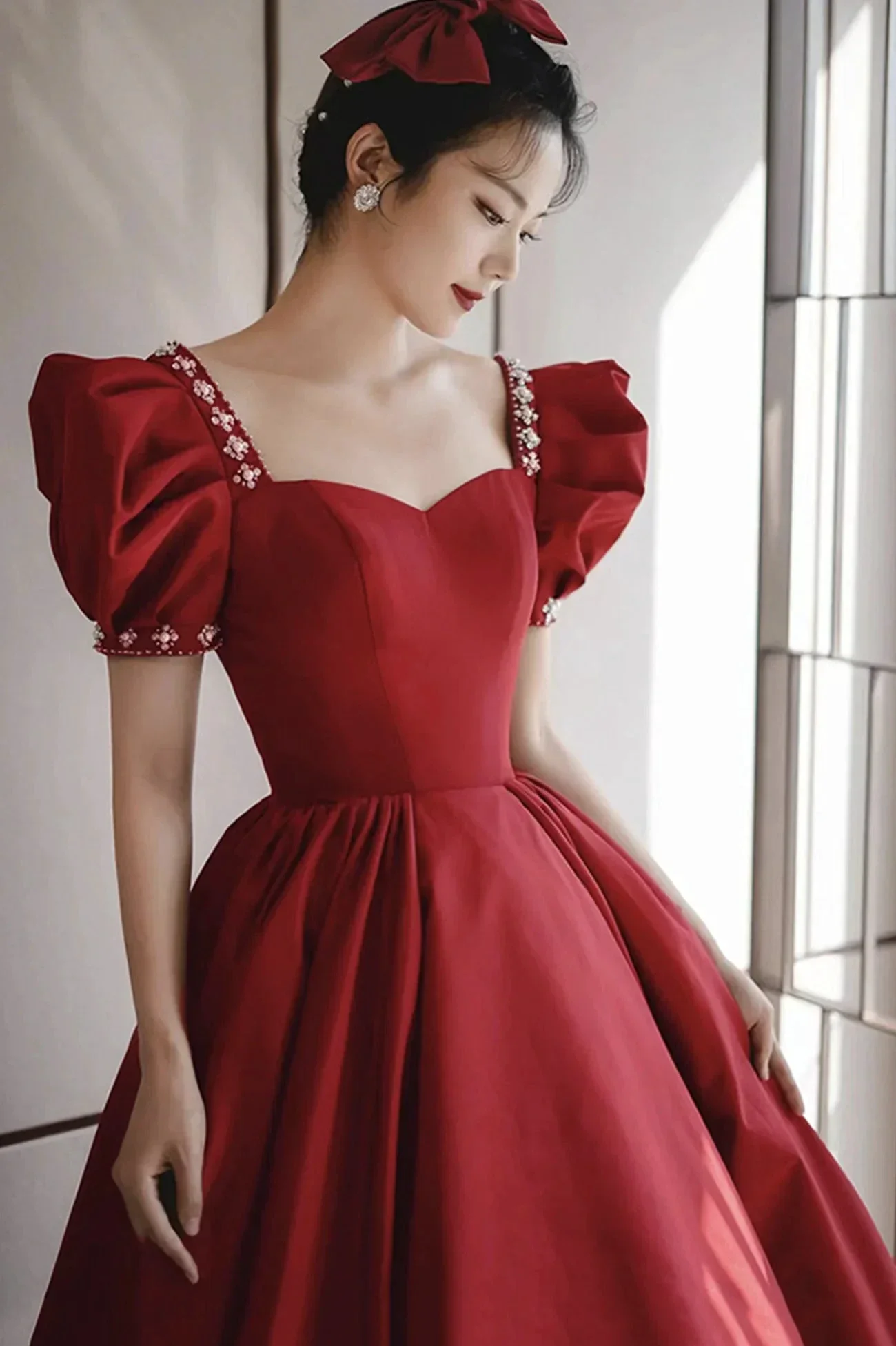 Burgundy satin long prom dress A line evening dress Y1169 - Image 4