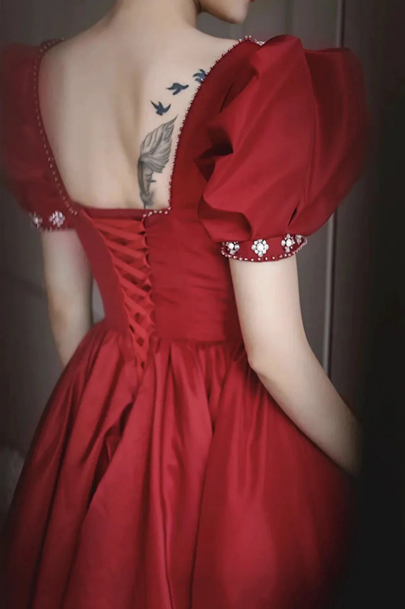 Burgundy satin long prom dress A line evening dress Y1169 - Image 5