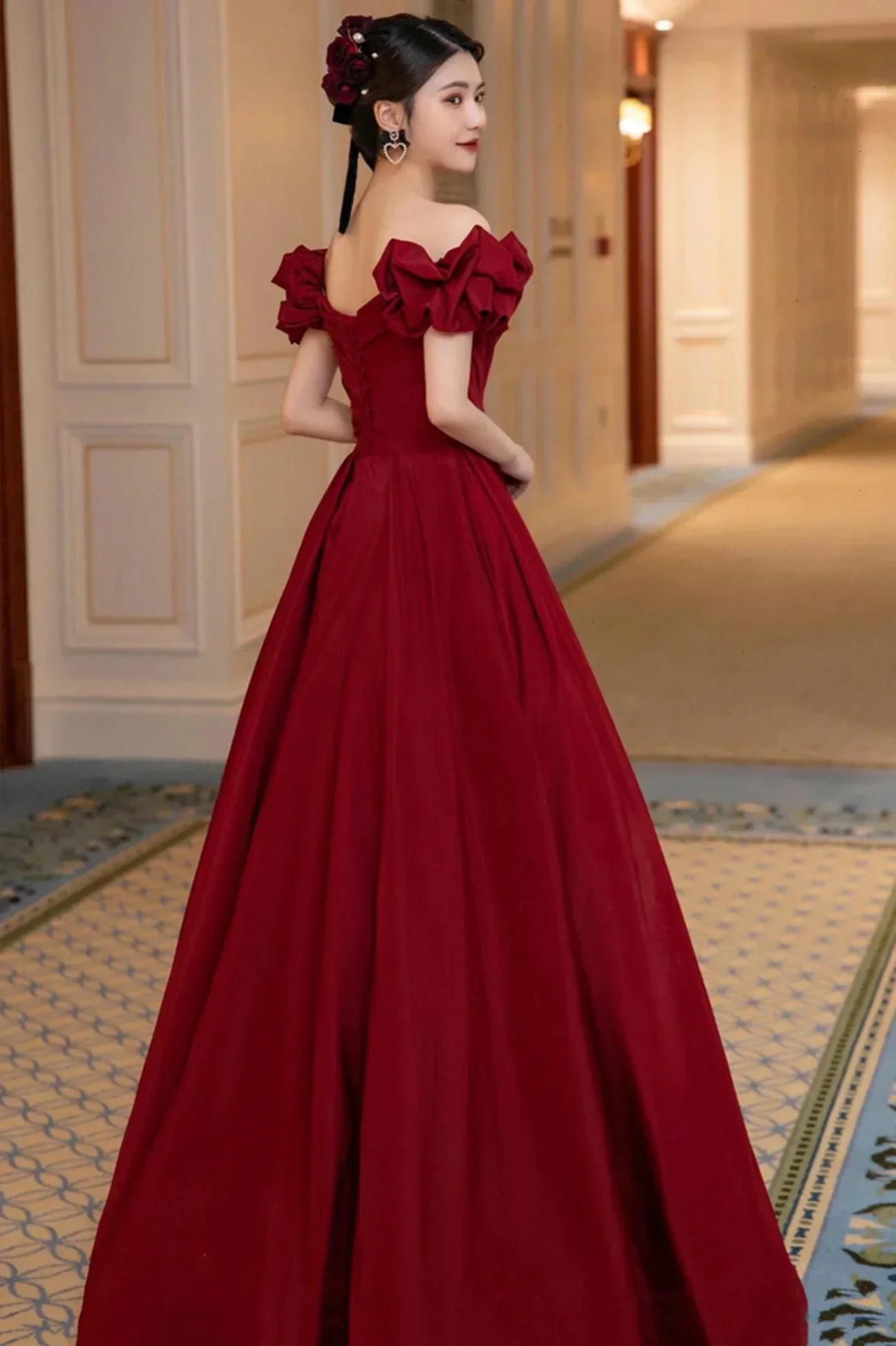 Burgundy Satin Long Prom Dress, A-Line Evening Dress Y1658 - Image 3