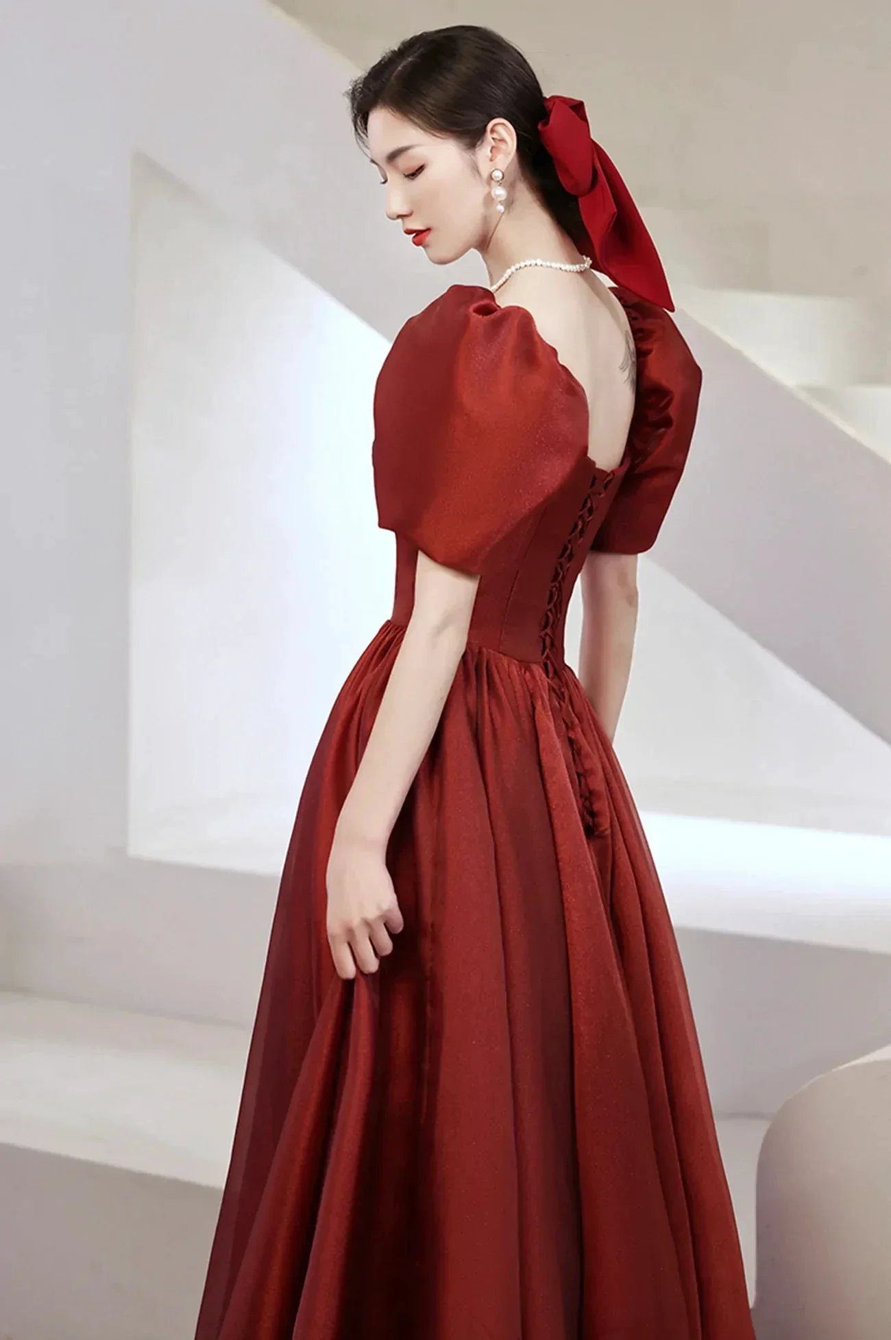 Burgundy Satin Long Prom Dresses A-Line Short Sleeve Evening Dresses Y1170 - Image 2