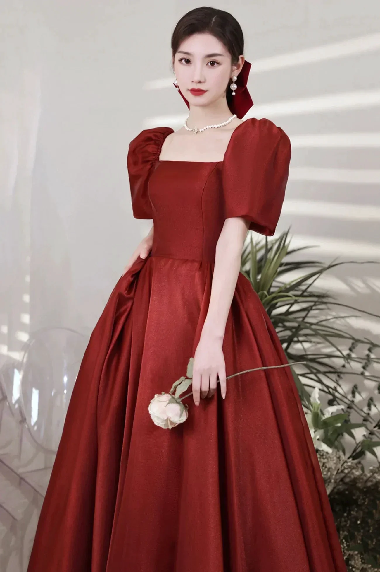 Burgundy Satin Long Prom Dresses A-Line Short Sleeve Evening Dresses Y1170 - Image 3
