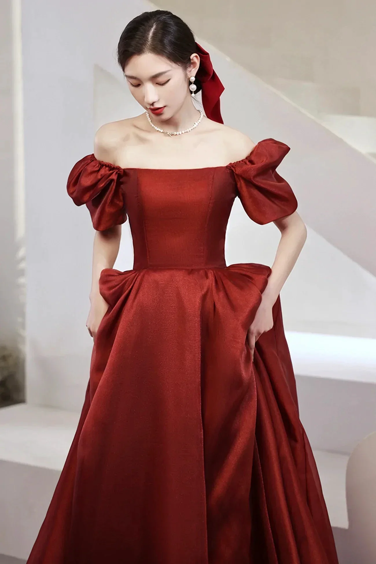 Burgundy Satin Long Prom Dresses A-Line Short Sleeve Evening Dresses Y1170 - Image 4