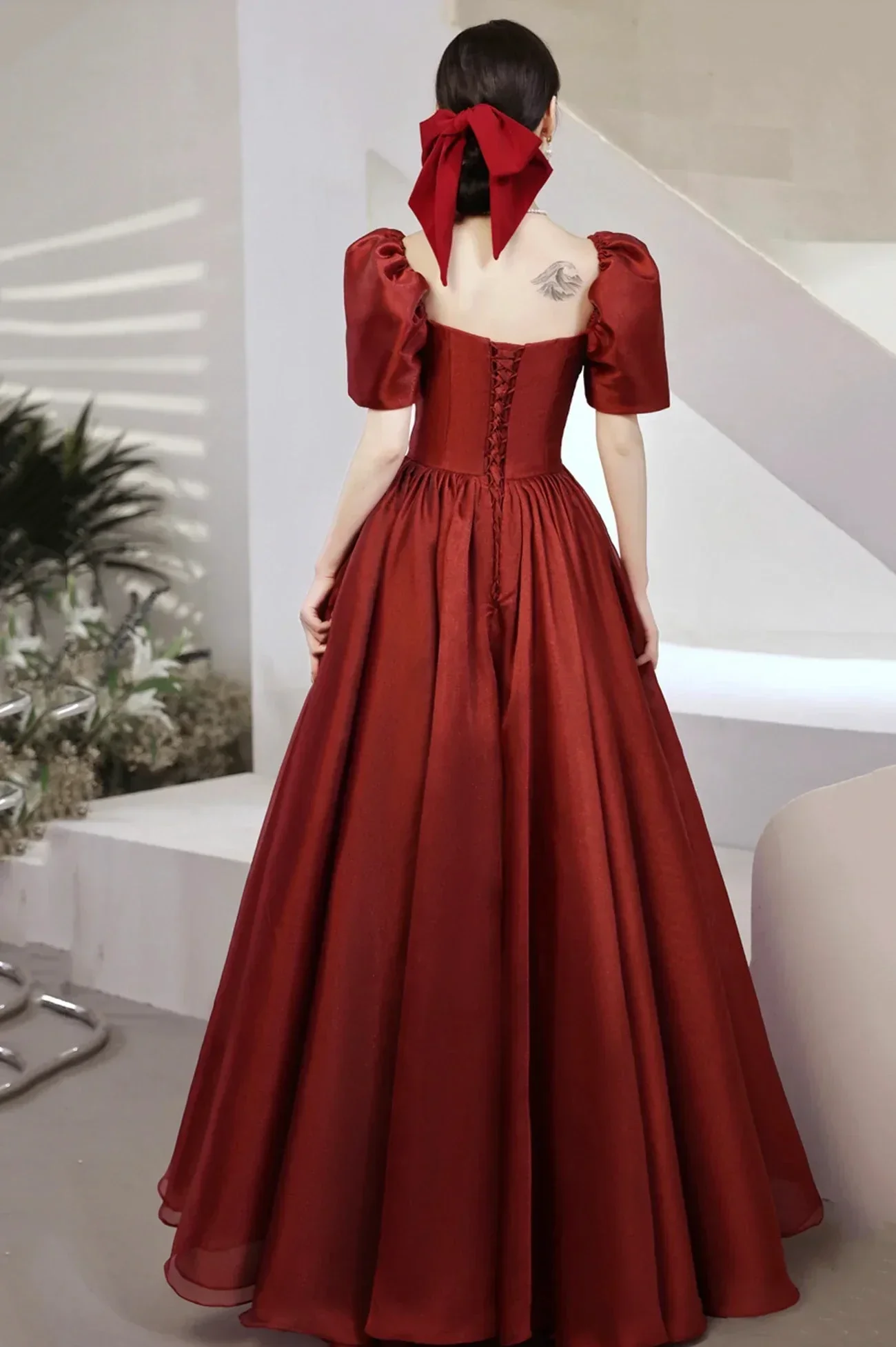 Burgundy Satin Long Prom Dresses A-Line Short Sleeve Evening Dresses Y1170 - Image 5