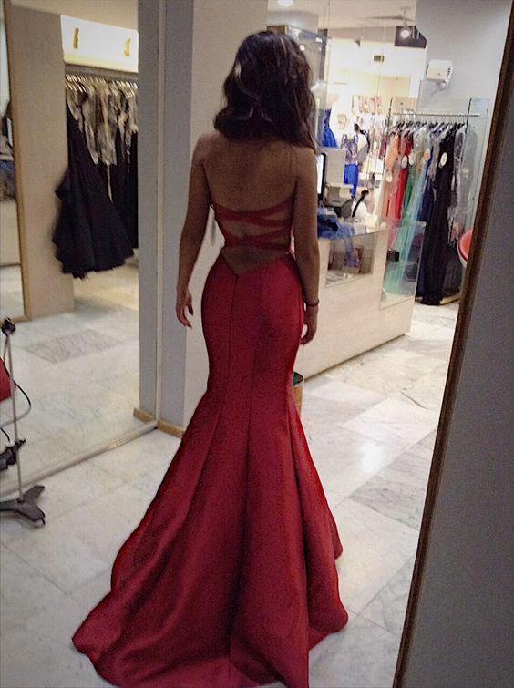Burgundy Satin Mermaid/Trumpet Prom Dress Backless Evening Dress Y1908 - Image 2