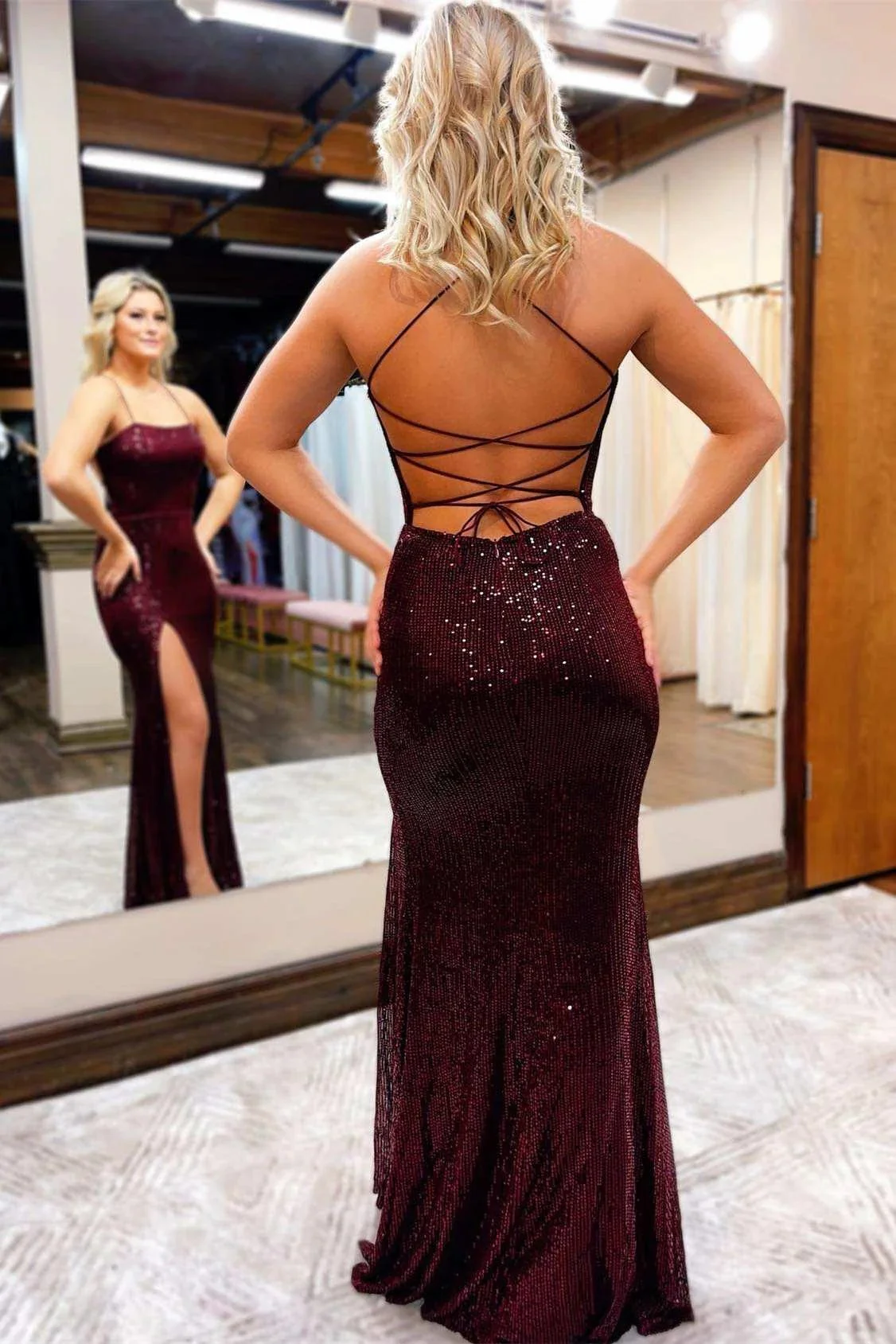 Burgundy Sequin Lace-Up Back Long Prom Dress with Slit - Image 2