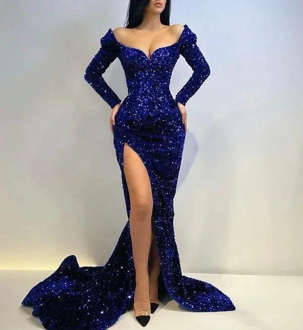 Burgundy Sequins Evening Dresses With Long Sleeves Mermaid High Split Mermaid Prom Dress Party Gown Y1682 - Image 3