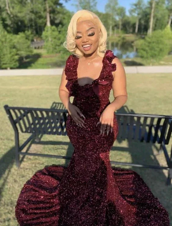 Burgundy Sequins Mermaid Long Prom Dress Burgundy Evening Dress Y6507 - Image 2