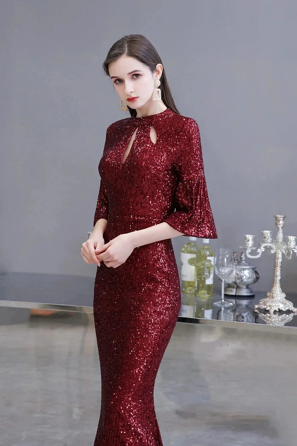 Burgundy Short Sleeve Sequins Long Prom Dress - Image 3