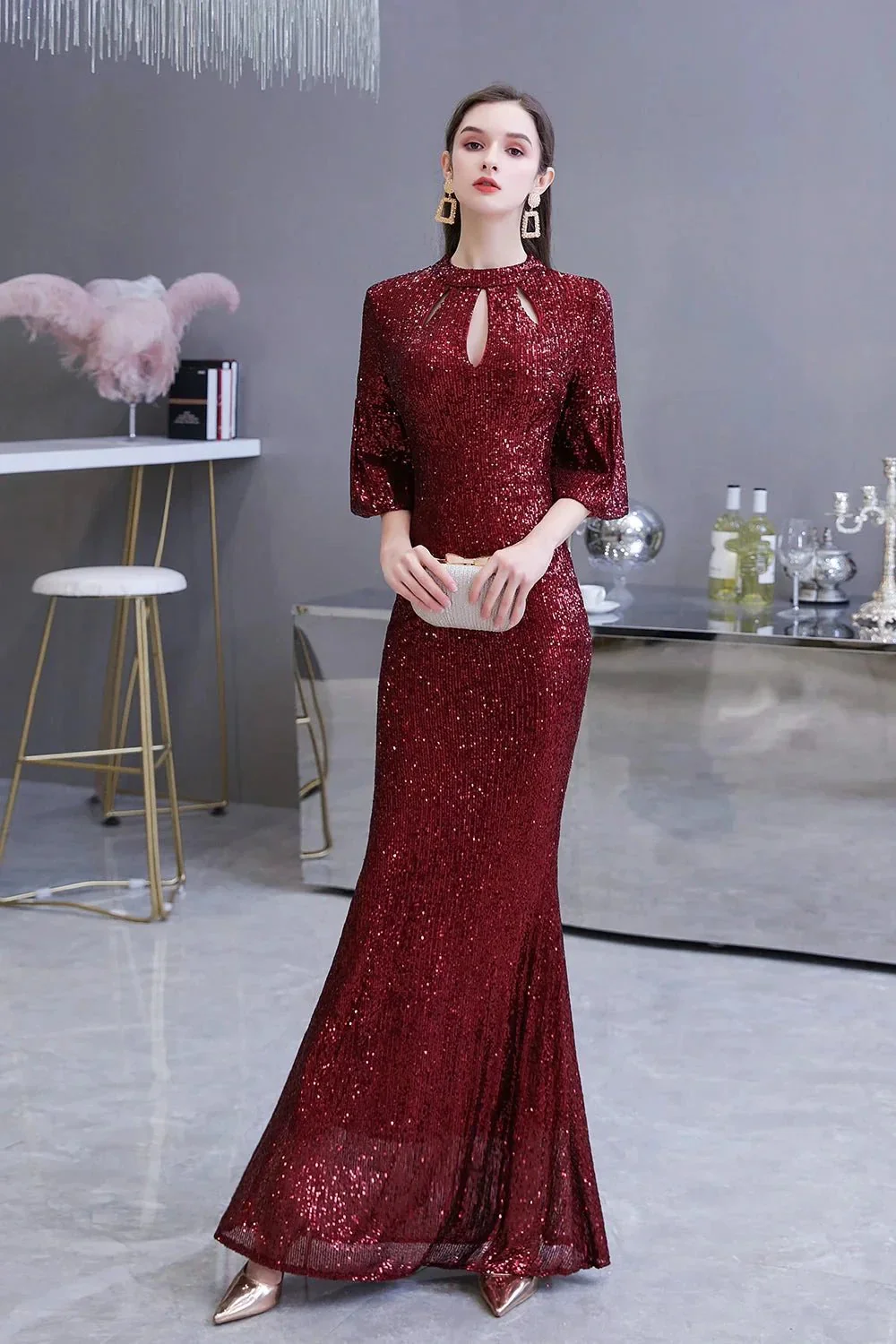 Burgundy Short Sleeve Sequins Long Prom Dress - Image 4