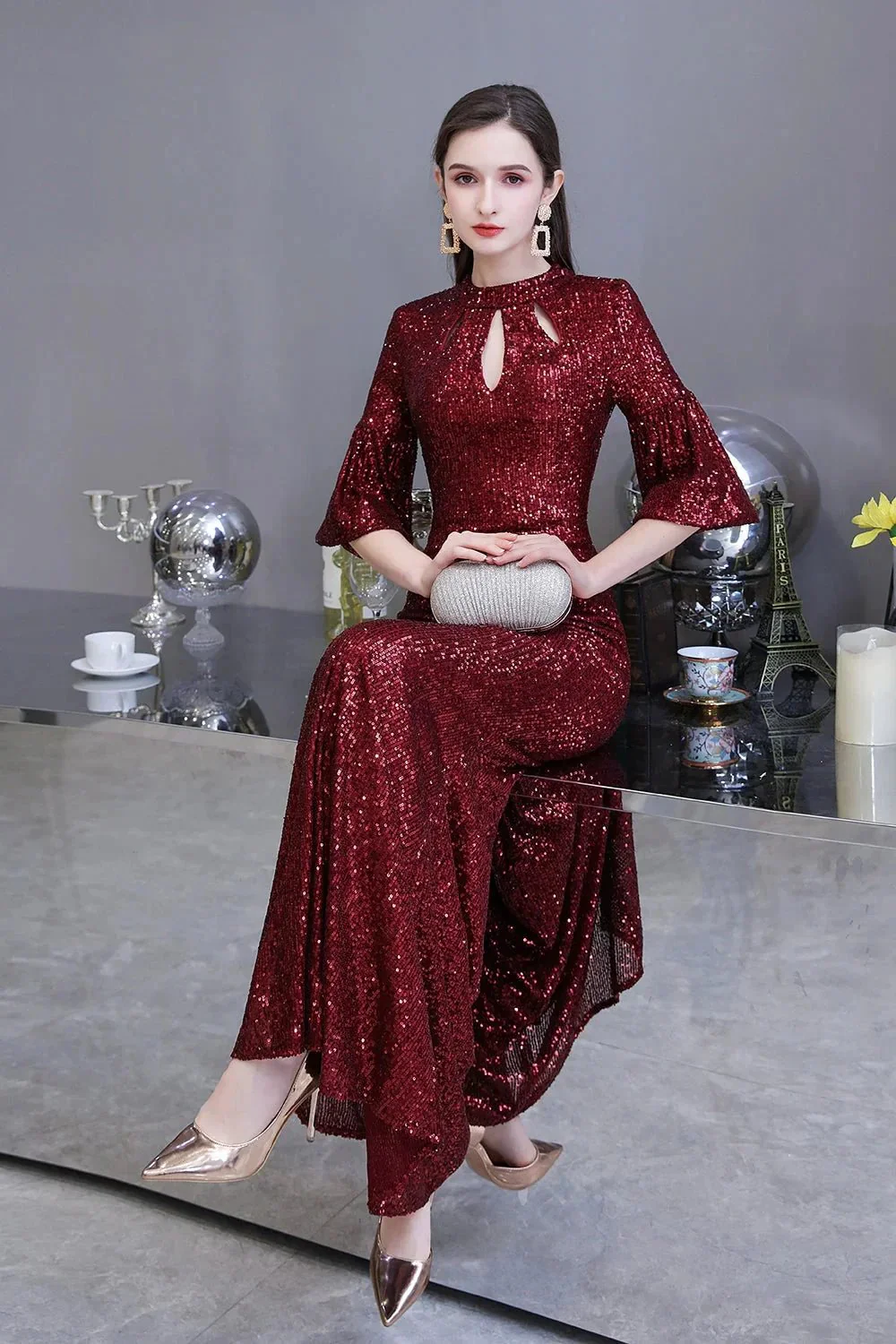 Burgundy Short Sleeve Sequins Long Prom Dress - Image 5
