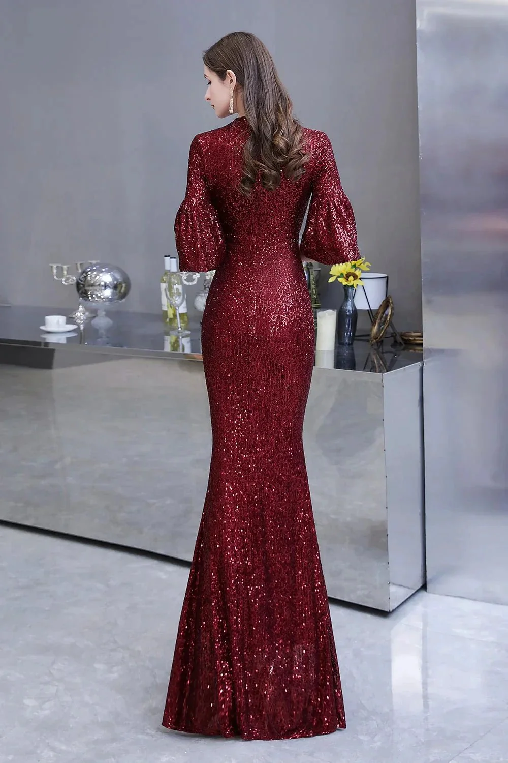 Burgundy Short Sleeve Sequins Long Prom Dress - Image 7