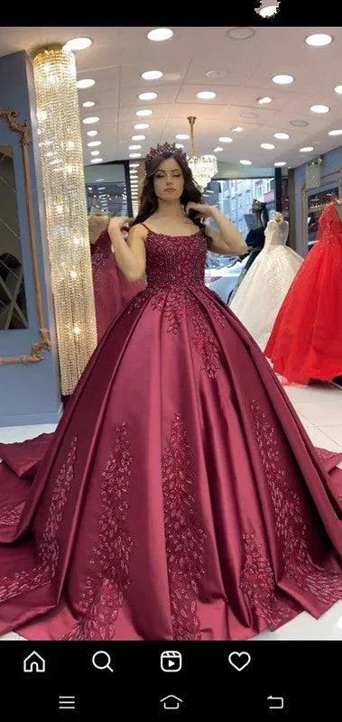 Burgundy Spaghetti Straps Satin Ball Gown A-line Prom Gown  Y1620 - Image 2