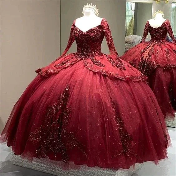 Burgundy Sparkly Quinceanera Dresses Long Sleeve Lace-up Corset Flowers Sequins Princess Sweet 15 Ball Gown Y5388 - Image 2